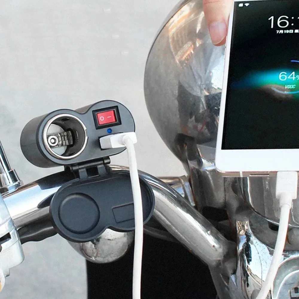 12V Motorcycle Handlebar USB Charger Waterproof Cigaret-te Lighter Socket with Switch for Cellphones Mobile Tablets GPS