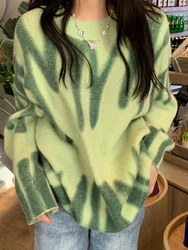 Print Knitted Sweater Women Elegant Green Striped Oversized Pullovers Women Winter Loose Long Sweaters Streetwear Sueter Mujer