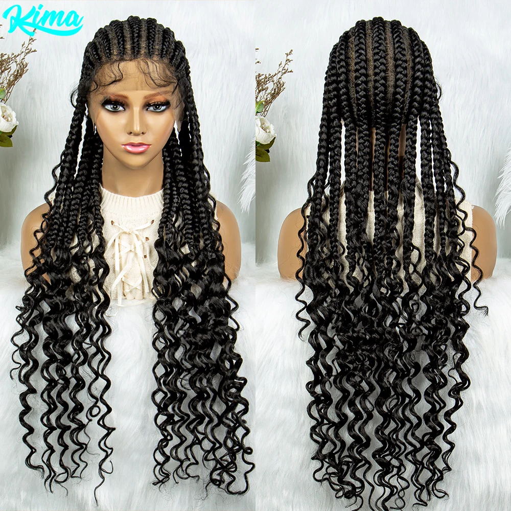 2024 KIMA Cornrow Full Lace Braided Wigs Synthetic Lace Front Wig Braid African With Baby Hair Braided Wigs Water Wavy Wigs