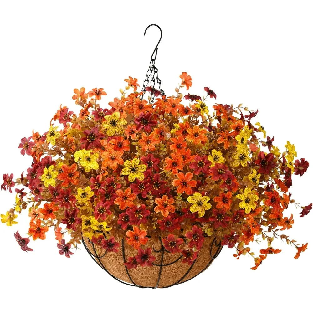

Artificial Flowers Fall Hanging Basket Plants for Outdoor Decorations, Fake Mums Faux Silk Flower UV Resistant Autumn Decor for