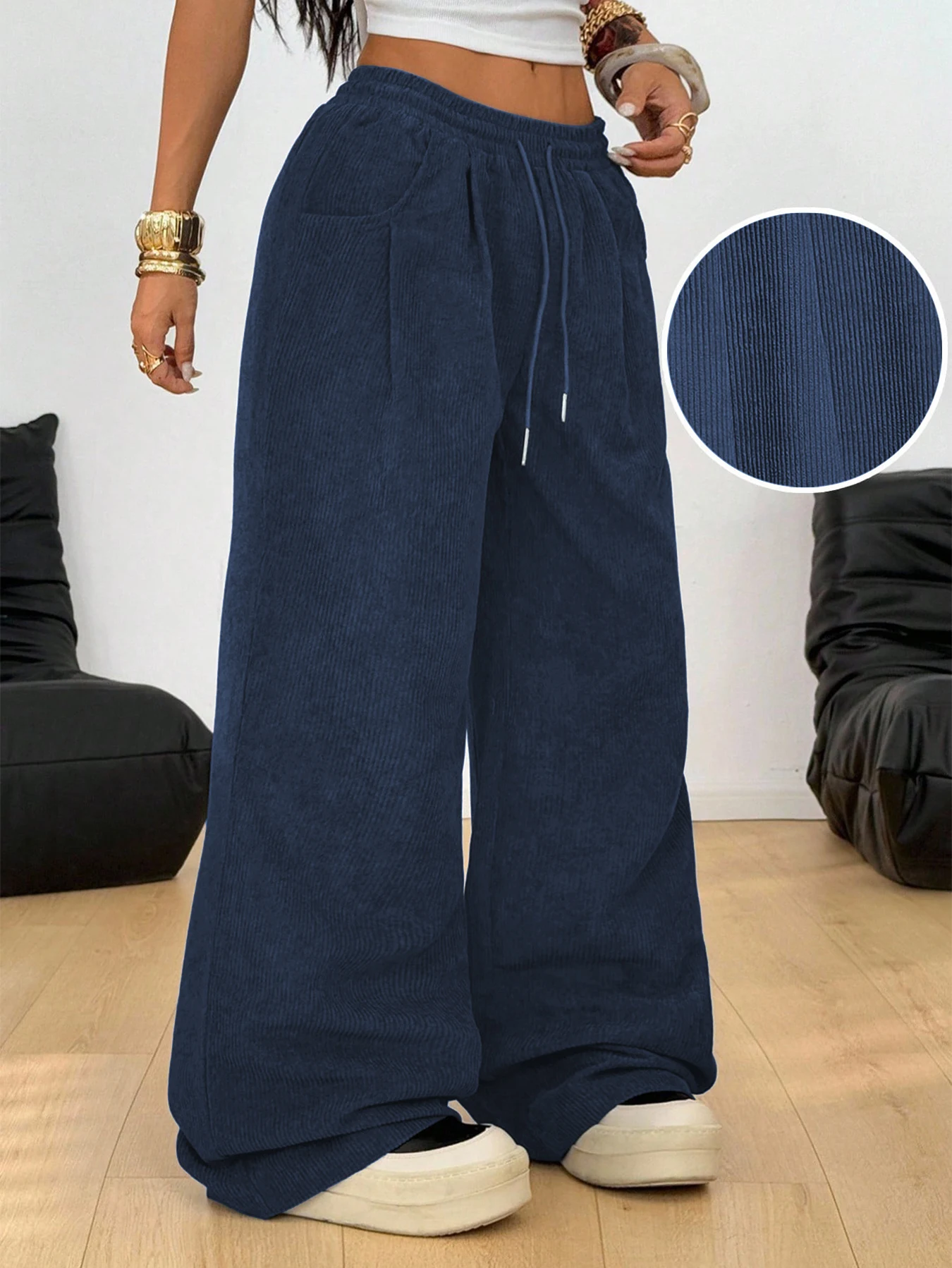 Damen Retro Cord Cargo-Hose Lässige Kordelzug Gerade Sporthose Fließende Alltags-Pendlerhose mit Weitem Bein – Detail 33