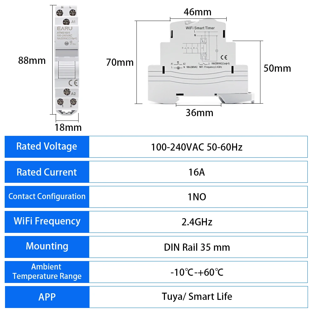 Zigbee WIFI Smart Timer Relay Switch Breaker Remote Control by Tuya APP AC 110V 220V 16A Single Phase 18MM Mimi Din Rail 35mm