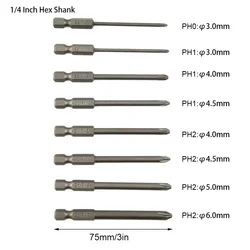 8Pcs 75mm Long Magnetic 1/4Inch Hex Cross Head Screwdriver Bits/Electric Screwdriver Head Set-PH0 PH1 PH2 Driver Bit Hand Tools