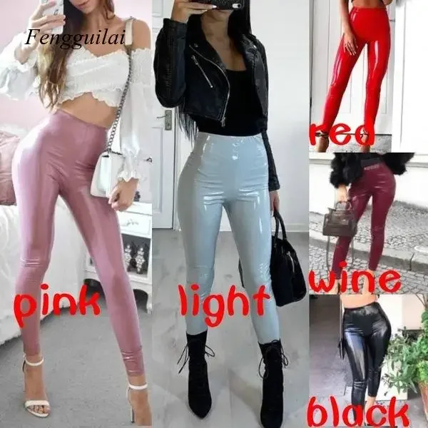 

S-3Xl Wet Look Leather Leggings Women High Waist Leggings Stretch Slim Red Black Legging Fashion Pu Pants Women