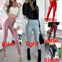 Mallas de cuero de aspecto mojado para mujer, Leggings de cintura alta, elásticos, ajustados, rojo y negro, pantalones de moda de Pu, S-3Xl