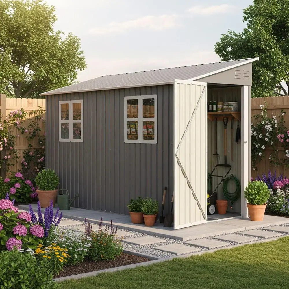 

10' x 4' Lockable Metal Shed with Double Windows, Waterproof Outdoor Storage for Patio or Backyard Clearance