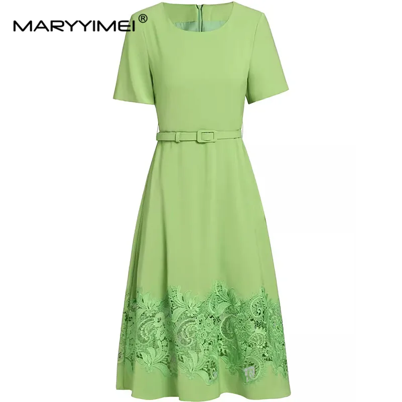 

MARYYIMEI Fashion Summer Women's Dress Lace Splicing High Waisted Lace-Up Black/Green/White Short-Sleeved Dresses