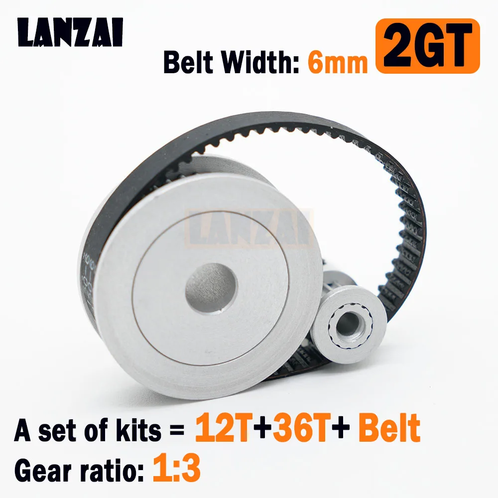 LANZAI 2GT Timing Belt Pulley kit, Set roda katrol 12 gigi rasio 1:3 lebar sabuk 6mm Aluminium GT2 12 T 36T untuk Printer 3D