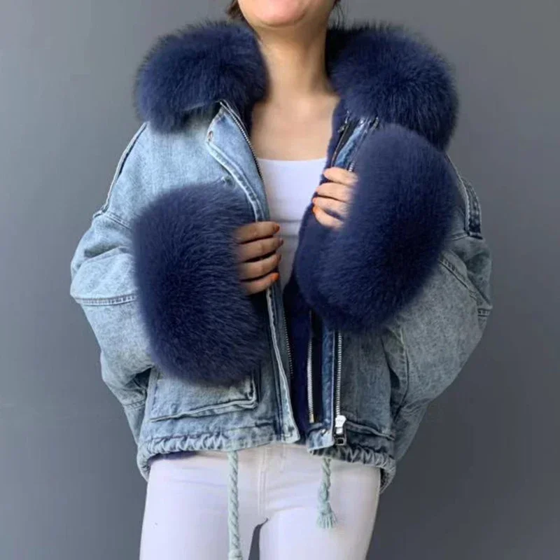 2019 Big Size Women Fashion Outerwear Fur Jacket  Real Fox Fur Collar Cuff Design Sexy Women Luxury Fur Denim Jacket Coat