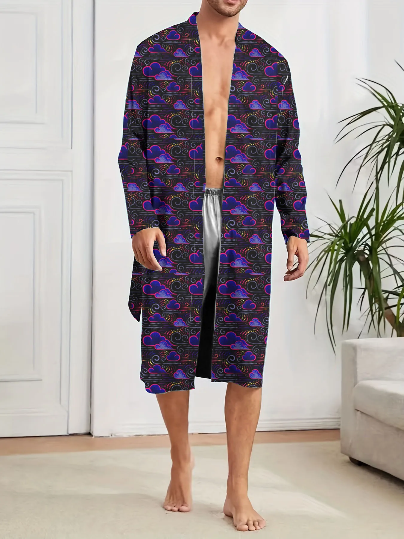 Spring and Autumn 3D digital printed cloud pattern men's bathrobe, quick drying men's home casual Long Nightgown