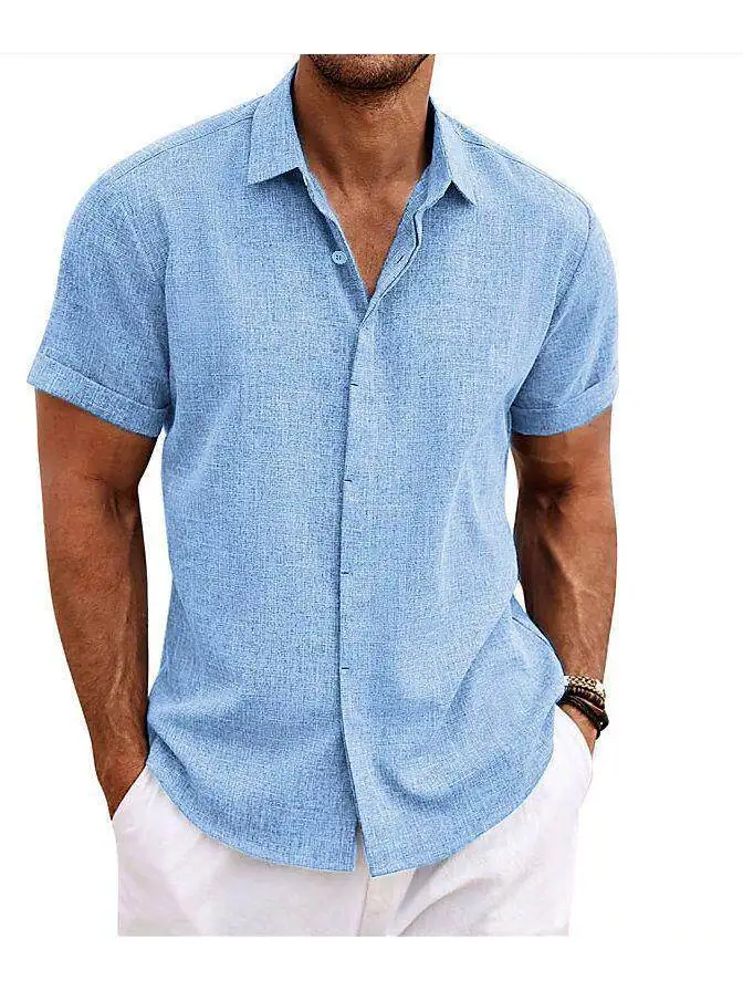 

Summer 2025 Men's Casual Short Sleeve Shirt Large Size Pure Color Collarless Cotton Standard Fit Citywalk PU Leather Inner Piece