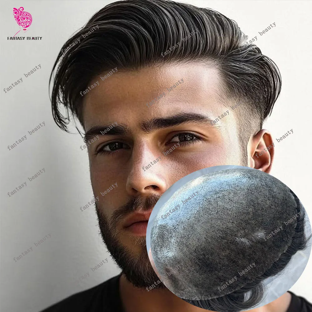 Long Last Human Hair Brown Gray Blonde Natural Hairline Men's Toupee Durable 0.1mm Poly Skin Silicon PU #4 1b50 1b80 Hair Replac