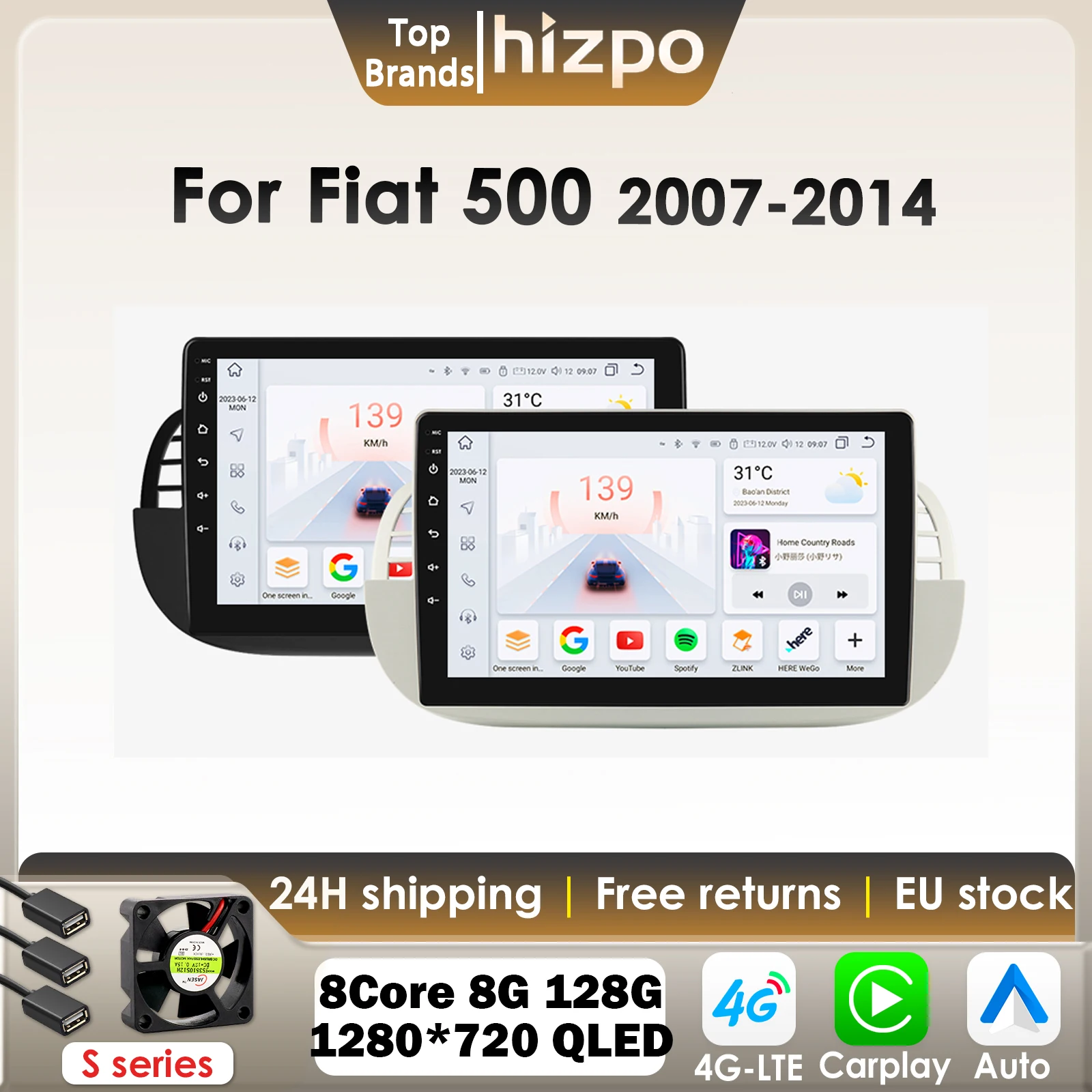 Autoradio Android Hizpo 9 pollici 1Din per Fiat 500 2007-2014, lettore multimediale, navigazione GPS, Carplay, 4G, DSP, RDS, BT, AI, 8G, 128G, 7862
