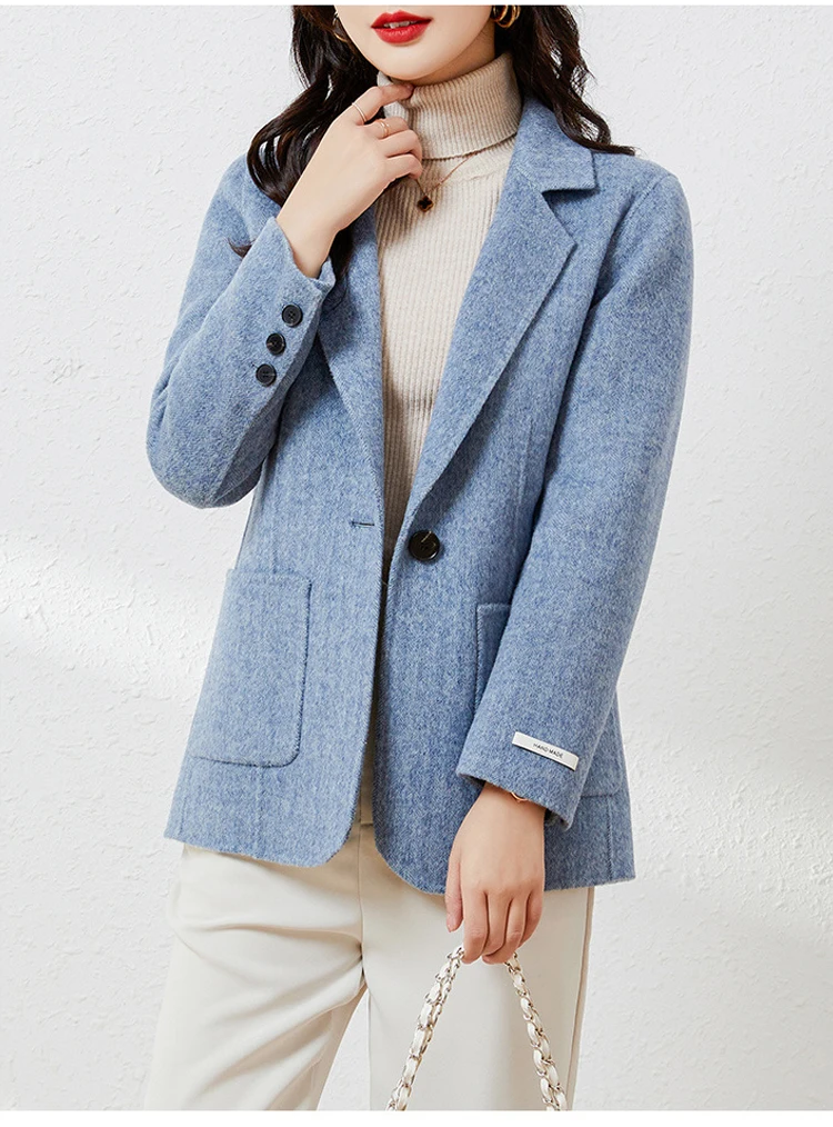 Women's Suit Collar Double-sided Cashmere Wool Coat 2024 Fall Winter Chic Ladies Single Button Loose 100% Woolen Blazer Jackets