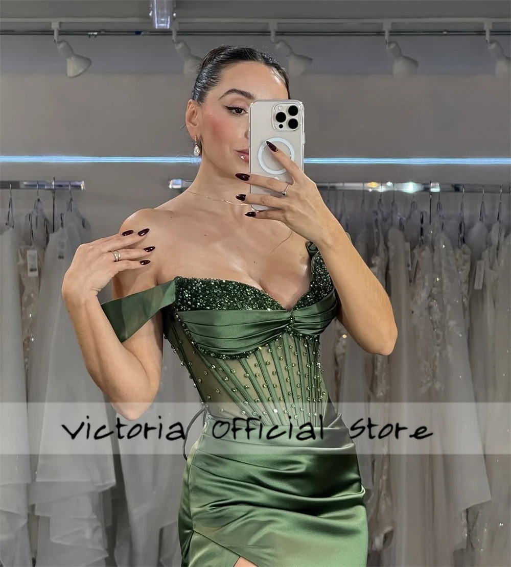 Vestido de noche verde glamuroso con hombros descubiertos, corsé de sirena con cristales divididos altos, vestidos de fiesta de noche árabes, cóctel personalizado