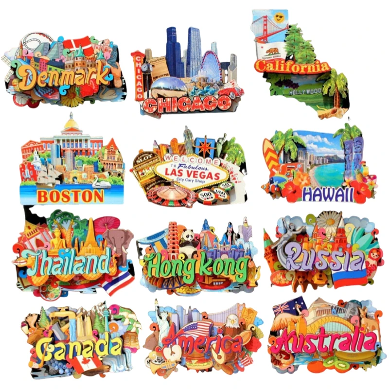 3D مجسمة الخشب مغناطيس الثلاجة شيكاغو أمريكا هاواي لاس فيغاس كاليفورنيا تايلاند كندا روسيا الدنمارك مغناطيس الثلاجة