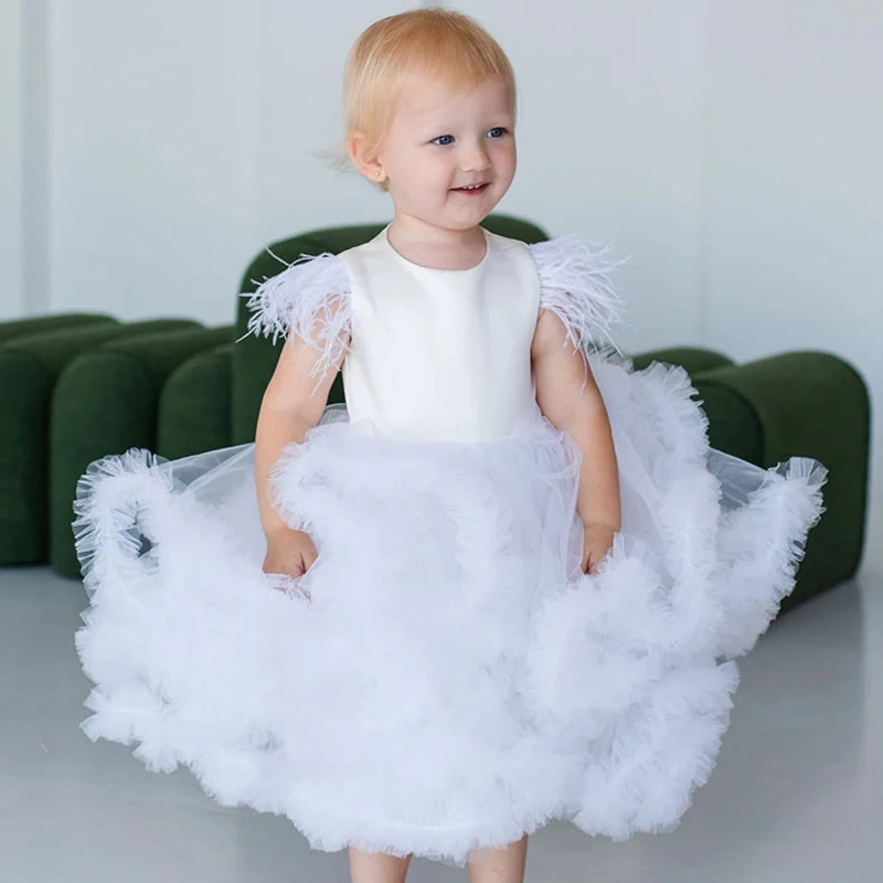 

White Flower Girl Dress Puffy Tulle O Neck Feather Sleeve Baby Tutu Outfit Girls Birthday Party Banquet Dresses