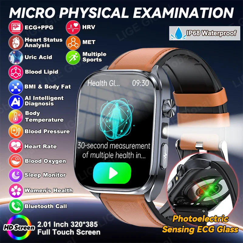 

LIGE ECG+PPG Smart Watch Men Women Micro Physical Examination Uric Acid Body Fat BP Five Organ Health Watches BT Call Bracelet