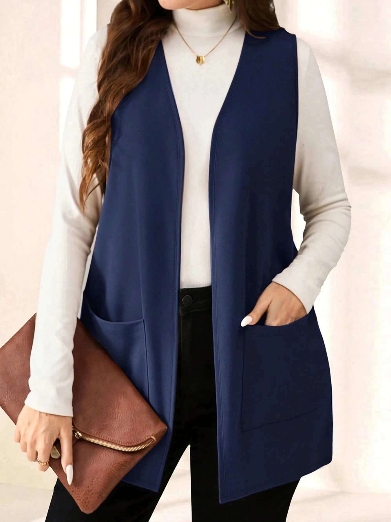 

Solid color sleeveless knitted elegant cardigan vest, elegant casual jacket, women's jacket with pockets, cardigan women's 727
