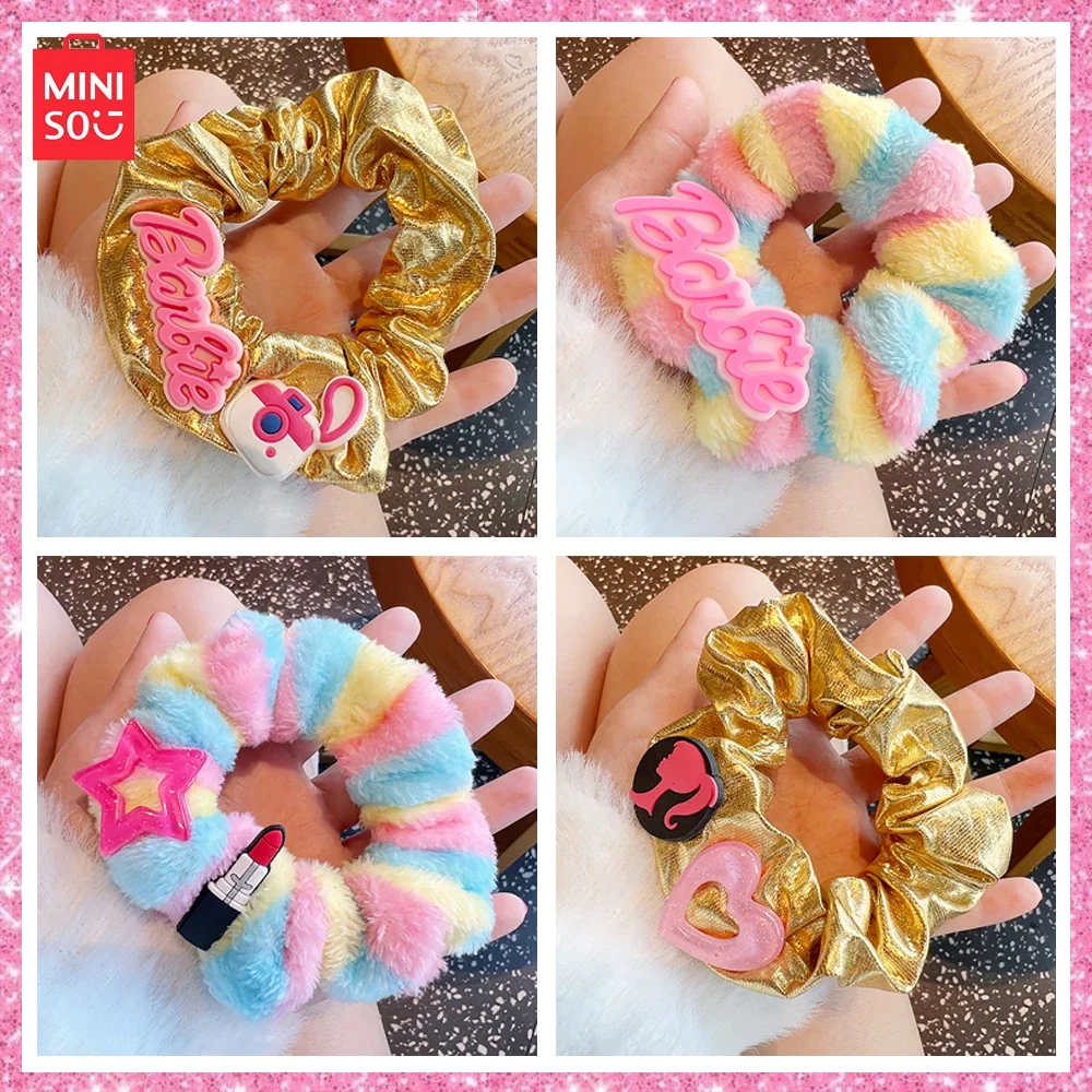 Miniso Barbie Pink 4-Pcs Sweet Cool Spicy Girl Y2K Girl Gold Candy Colorful Plush Hair Ring Star Hair Ornament Gift