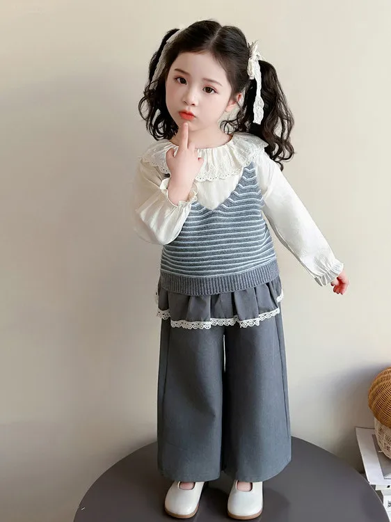 

Girls' Spring Faionable Striped Cotton Tee-Piece Set Casual Sle Long Sve irt High Waist Trousers High Quali