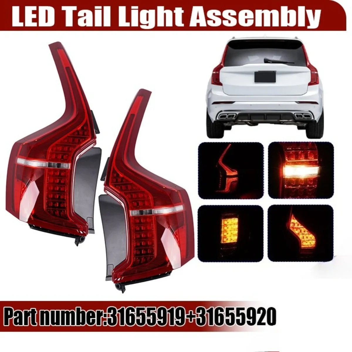 2x Car Turn Signal Brake Light Signal Lamp Assembly For Volvo XC90 2016-2023 LED Rear Tail Light Lamp Assembly 31655919 31655920