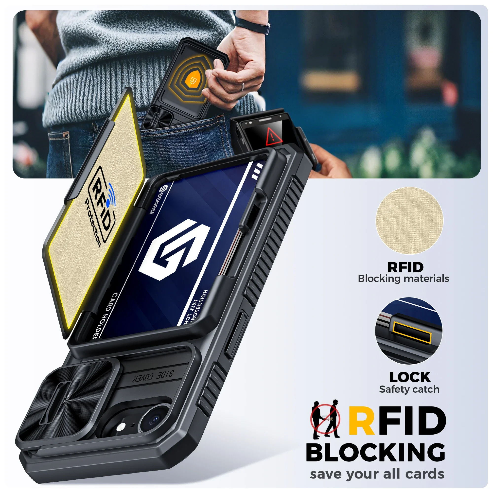 هدايا الهالوين، حامل بطاقات محفظة RFID، غطاء كاميرا، جراب هاتف واقٍ متين مقاوم للصدمات لهاتف iPhone 16 E-Black