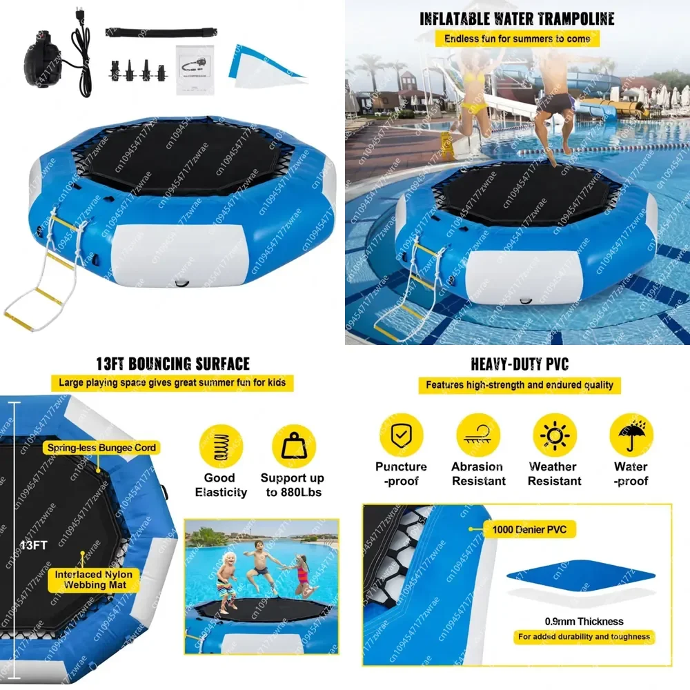 13ft Blue White Inflatable Water Trampoline with Escalator Recreational Water Bouncer Amusement Facility