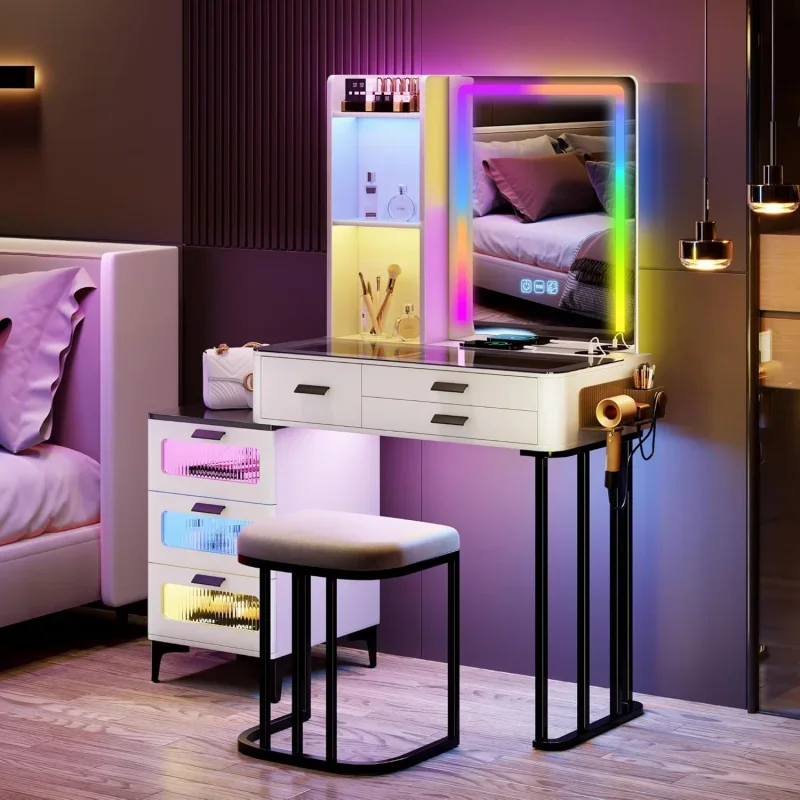 Mirror and RGB Lights,Desk Set Glam Glass Top&USB Charging Station,Makeup Vanity with 6 Drawers