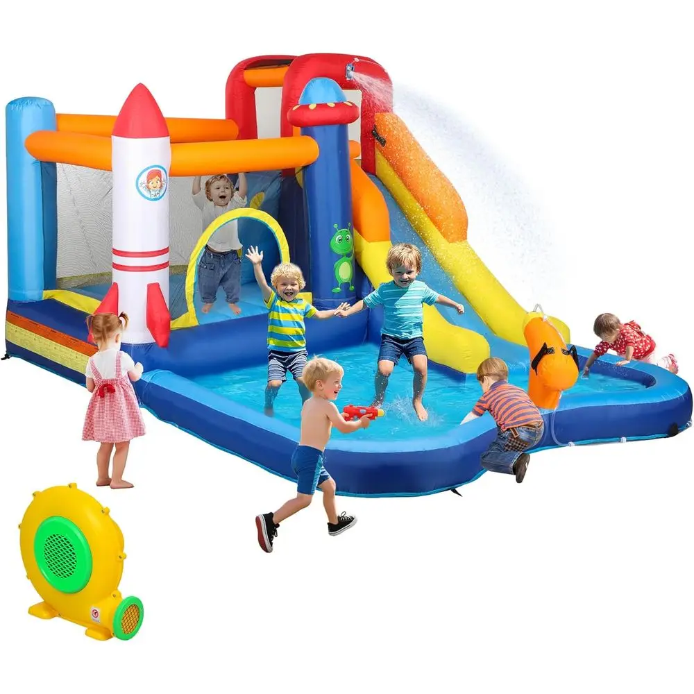 

Inflatable Water Slide Park with Splash Pool, Climbing Wall, Water Cannon, 5-in-1 Slide for Kids' Parties