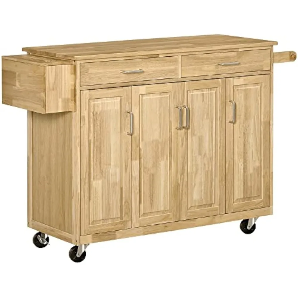 Kitchen Island on Wheels, Natural Hardwood Kitchen Cart with Drawers, Storage Cabinets, and Tool Caddy