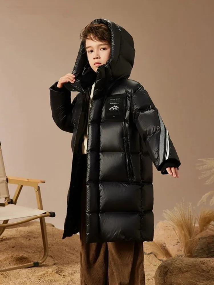 High-End-Down-Mantel für Kinder, lange Kapuzen-Oberbekleidung, Winter, für Jungen und Mädchen, winddicht, wasserdicht, warm, Daunenjacke A4162 – Detail 6