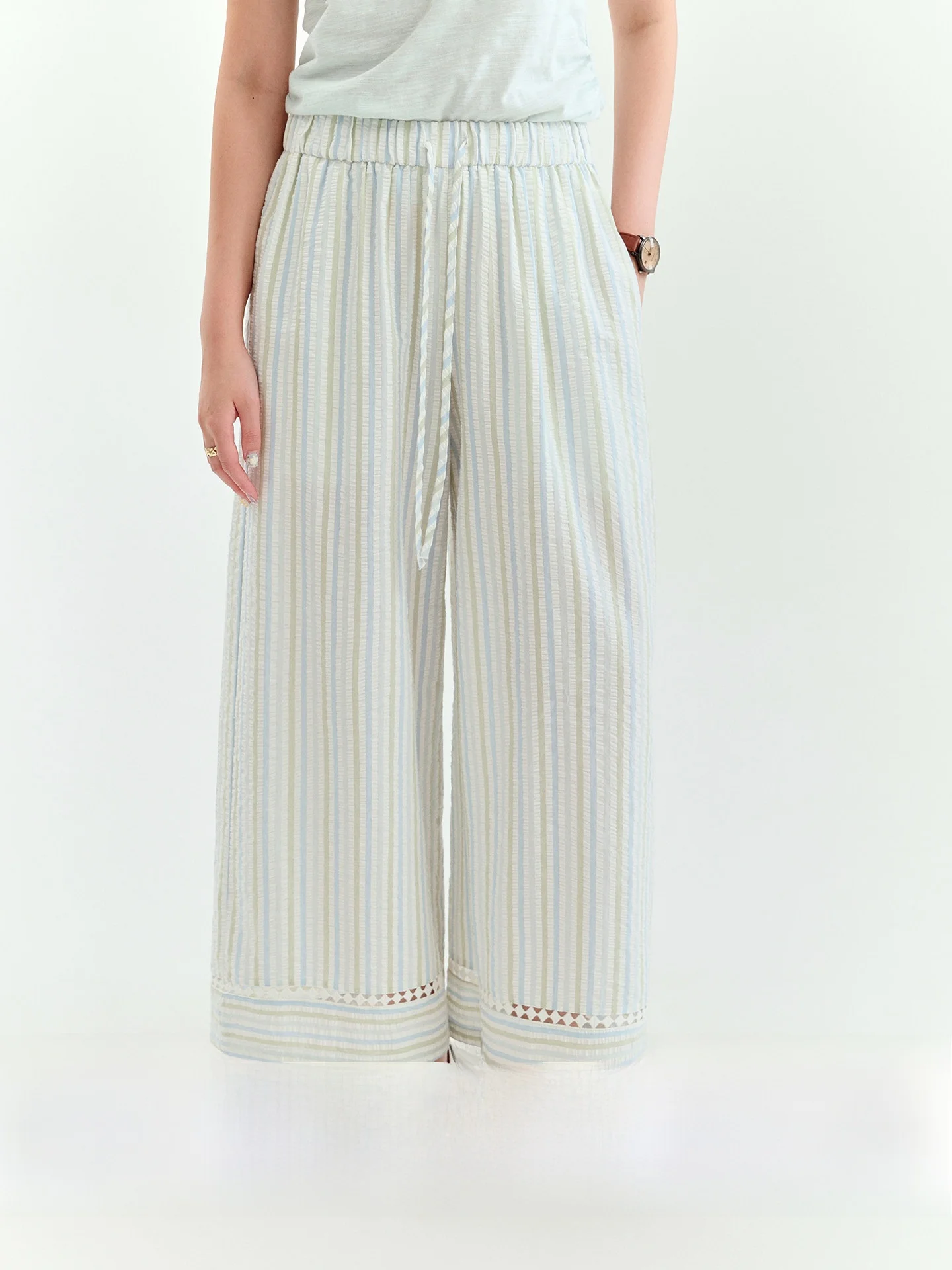 AMUU Original Texture Contrast Color Line Hollow Casual Pants Women Summer New Cotton Wide Leg Long Pants Korean Style