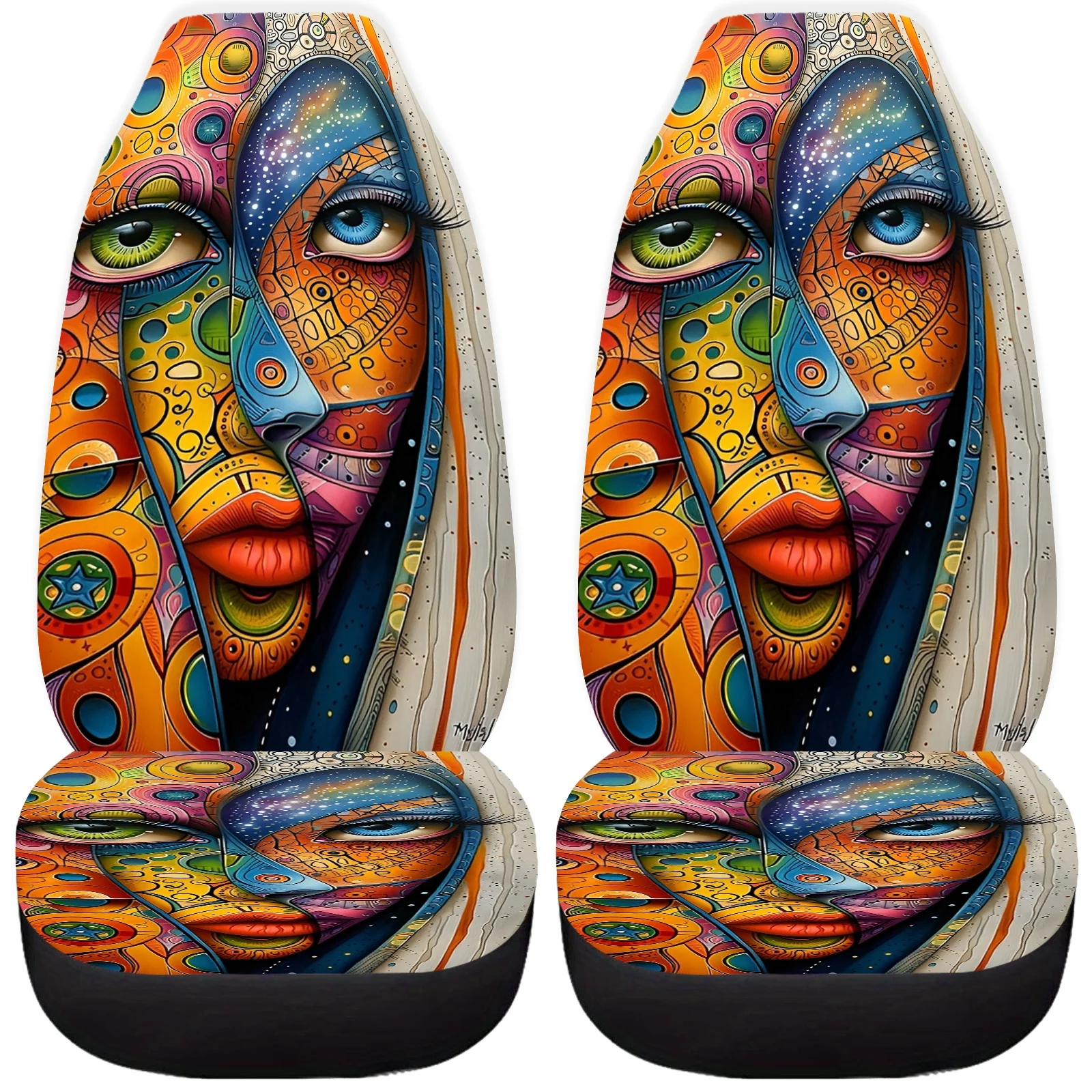 قطعتان من أغطية مقاعد السيارة المطبوعة على الجدران الفنية للنساء والرجال، واقي المقعد الأمامي العالمي للسيارات يناسب السيارات وسيارات الدفع الرباعي وسيارات السيدان،