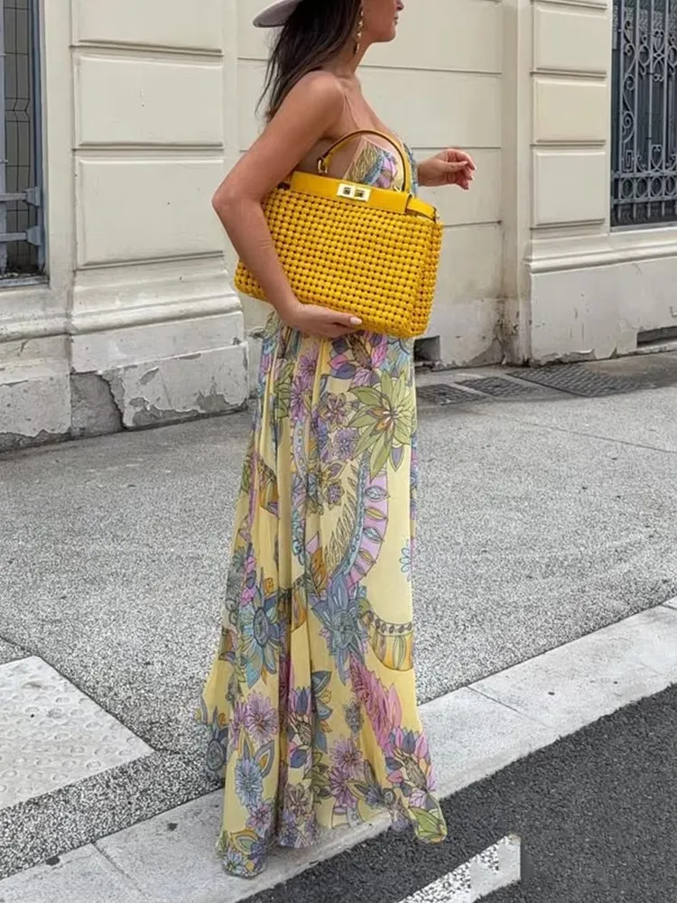 Abito lungo con stampa floreale Donna 2025 Nuova estate Vintage Sexy senza maniche con scollo a V Cami Abiti larghi Chic Holiday Beach Party Dress