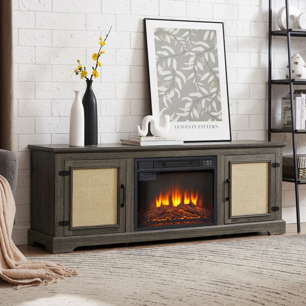 Natural Rattan Door Cabinet With Adjustable Shelf Wood, Farmhouse Rattan TV Stand Console Table For TVs Up To 70 Inches, Storage