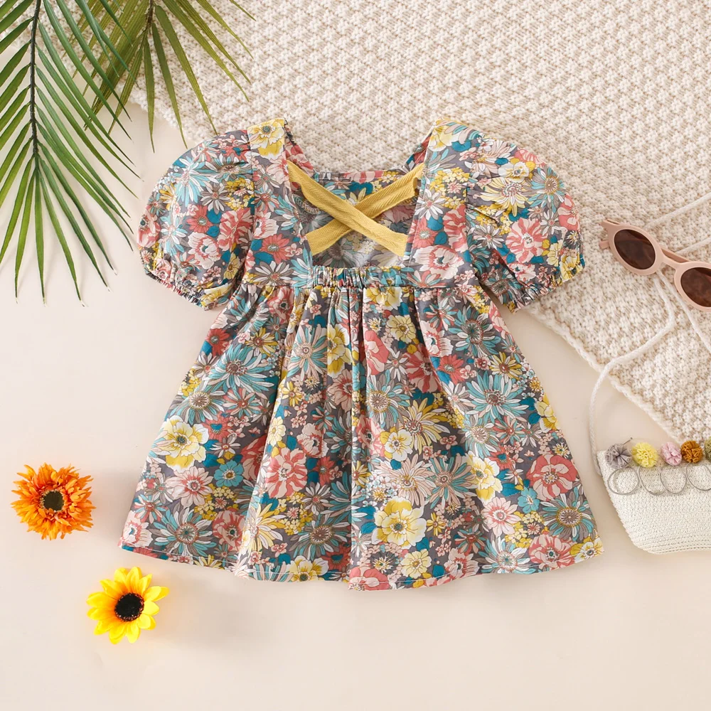 

Children's Baby Girl Summer Dress With Floral Bubble Sleeves And Cross Ribbed Princess Dress At The Back