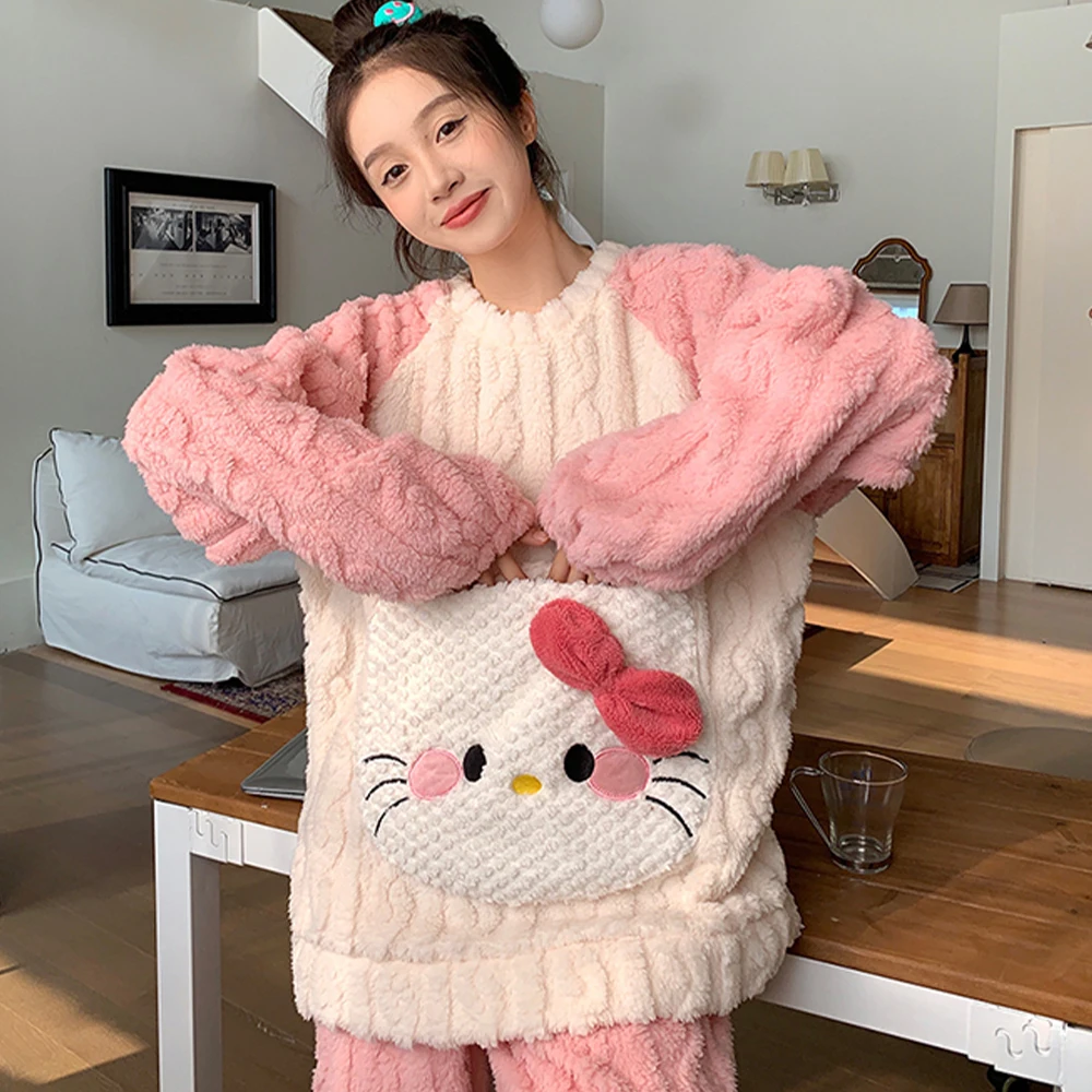 Cartoon Spongebob 2Pcs Women's Plush Pajama Set Kawaii Winter Cartoon Girls Thicken Warm Home Clothes Soft Sweet Tops Pants