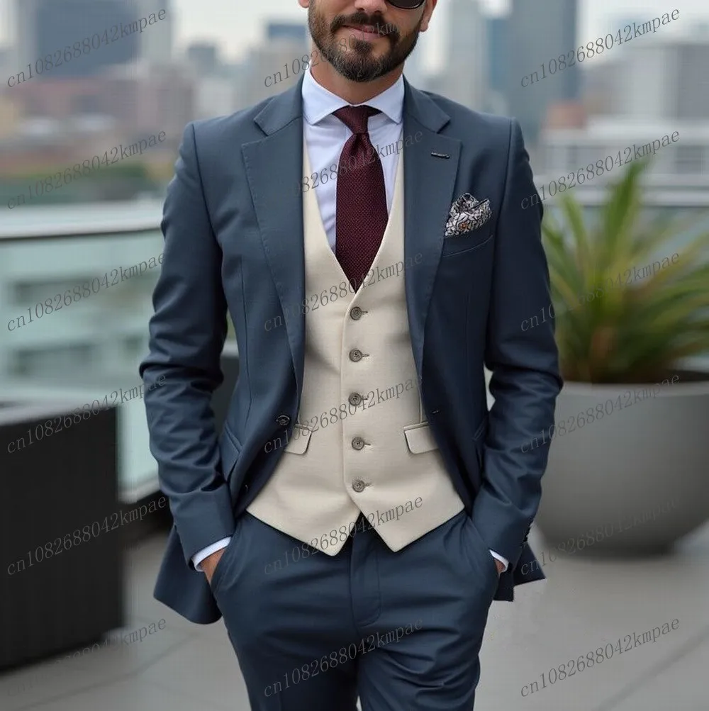 

Blue-Grey And Beige Formal Men Suit Groom Groomsman Wedding Party Prom Business Male Tuxedos 3 Piece Set Blazer Vest Pants