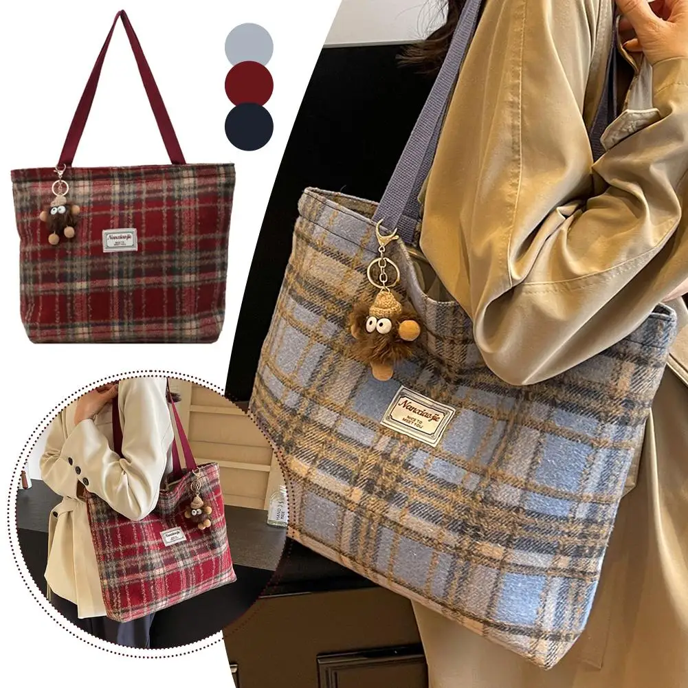 Handbag Texture Soft Cashmere check shoulder bag Large Capacity Tote Women Bag With Hanging Accessories Women's Casual Versatile