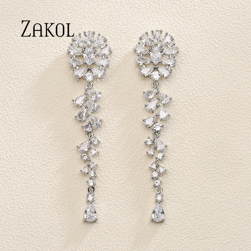 ZAKOL Flower Zircon Pendant Earrings For Women Fashion New Long Crystal Tassel Drop Earrings Wedding Dress Jewelry Gifts