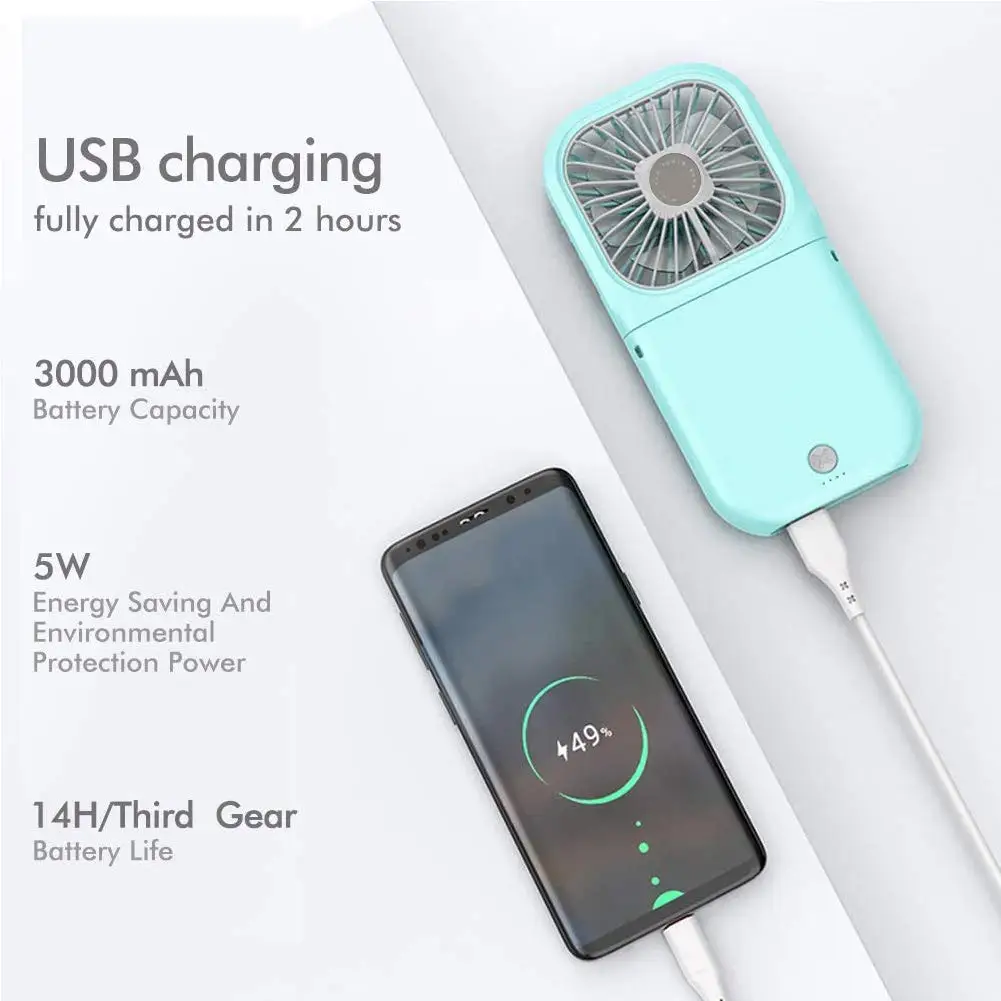 Portable Neck Fan Mini Quiet Handheld Personal Foldable USB Rechargeable Operated 3000mAh Power Bank Hands Free