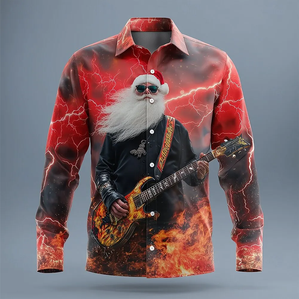 عيد الميلاد الرجال سانتا كلوز روك الغيتار قميص زر يصل قميص طويل الأكمام مضحك هدايا عيد الميلاد الربيع 3D طباعة الياقات القمصان #4