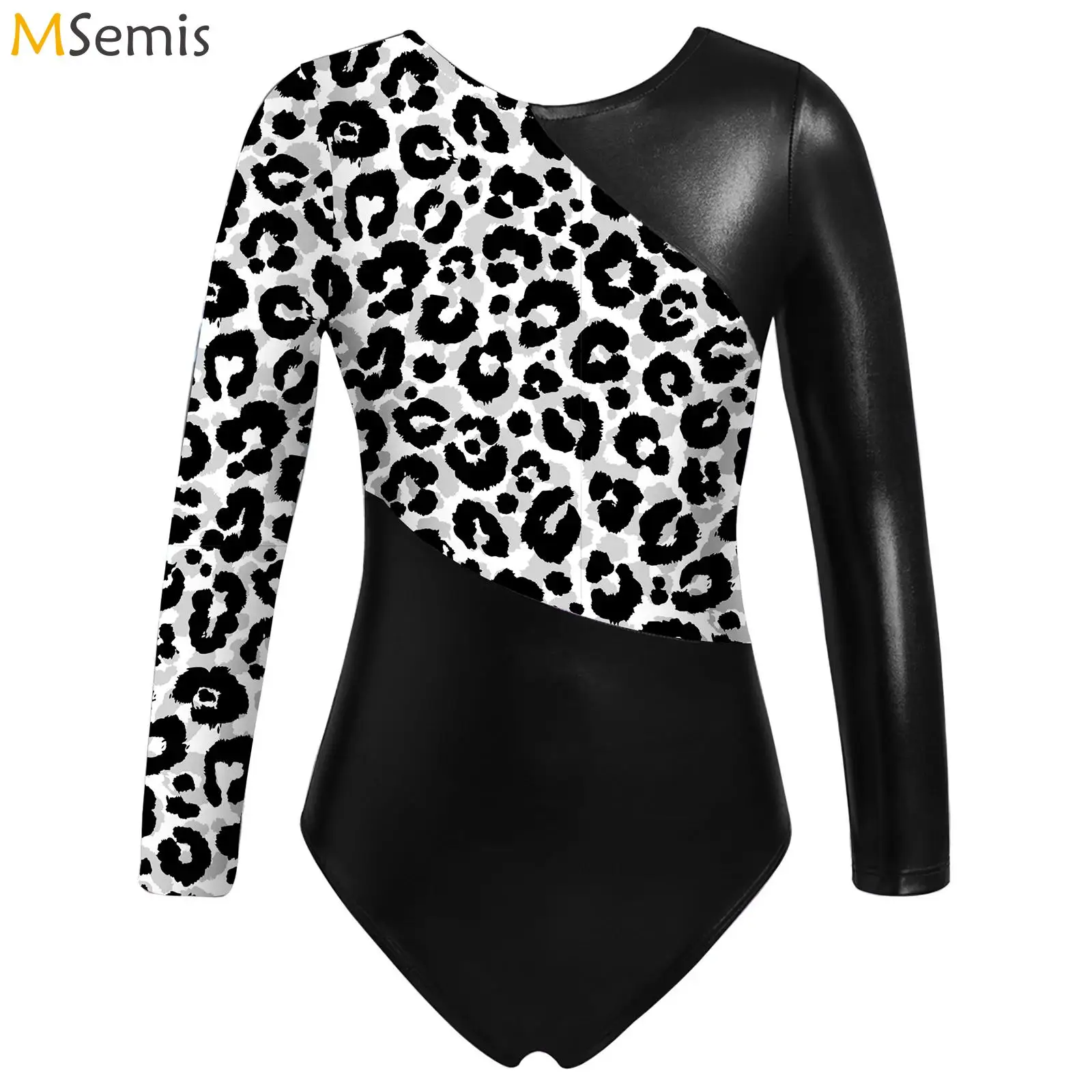 

Kids Girls Shiny Gymnastic Leotard Ballet Bodysuit Mesh Long Sleeve Keyhole Back Metallic Contrast Figure Ice Skating Jumpsuit