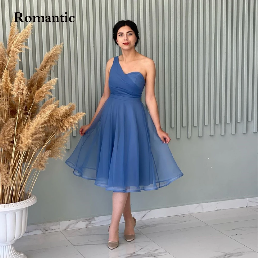 

Romantic Blue Tulle Short Evening Dress One Shoulder Sleeveless Tea Length Prom Gowns Robes de For Special Occaseon Plus Size