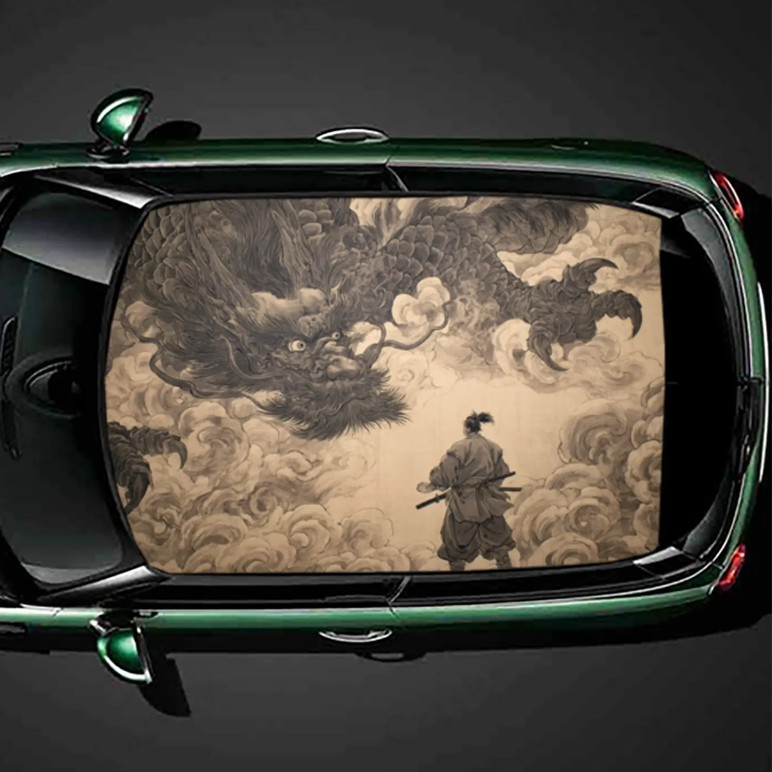 

Ink - Wash Dragon and Samurai Print PVC Car Roof Sticker, Self-Adhesive Waterproof Car Vinyl Decal, Car Decoration Protection St