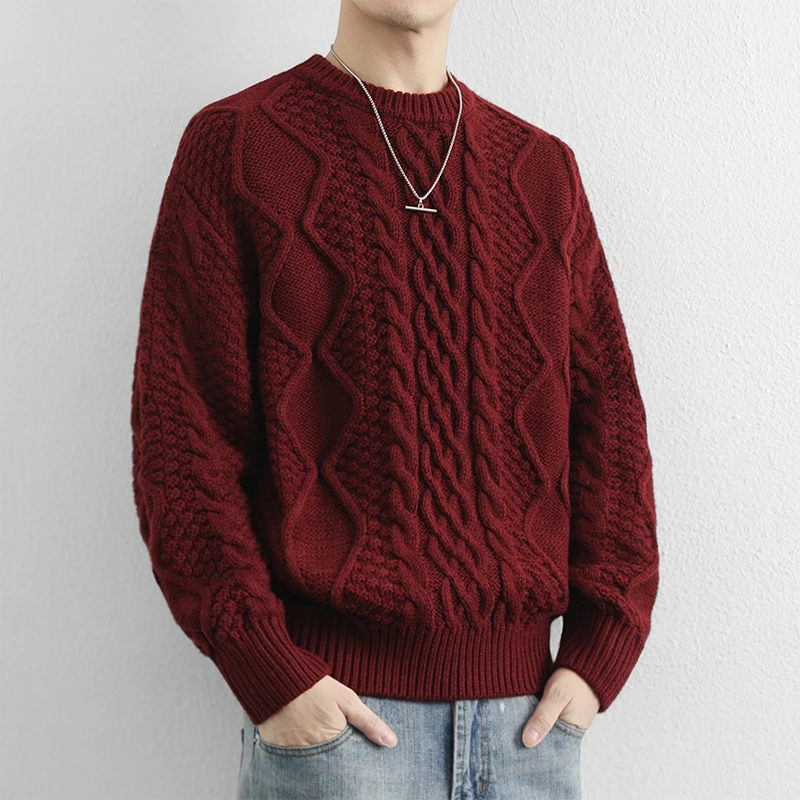 

Мужской свитер в стиле ретро, американский, красный, из ангоры, с круглым вырезом, теплый, повседневный, зимний, из мягкого полиэфирного волокна, с длинными рукавами, повседневный.