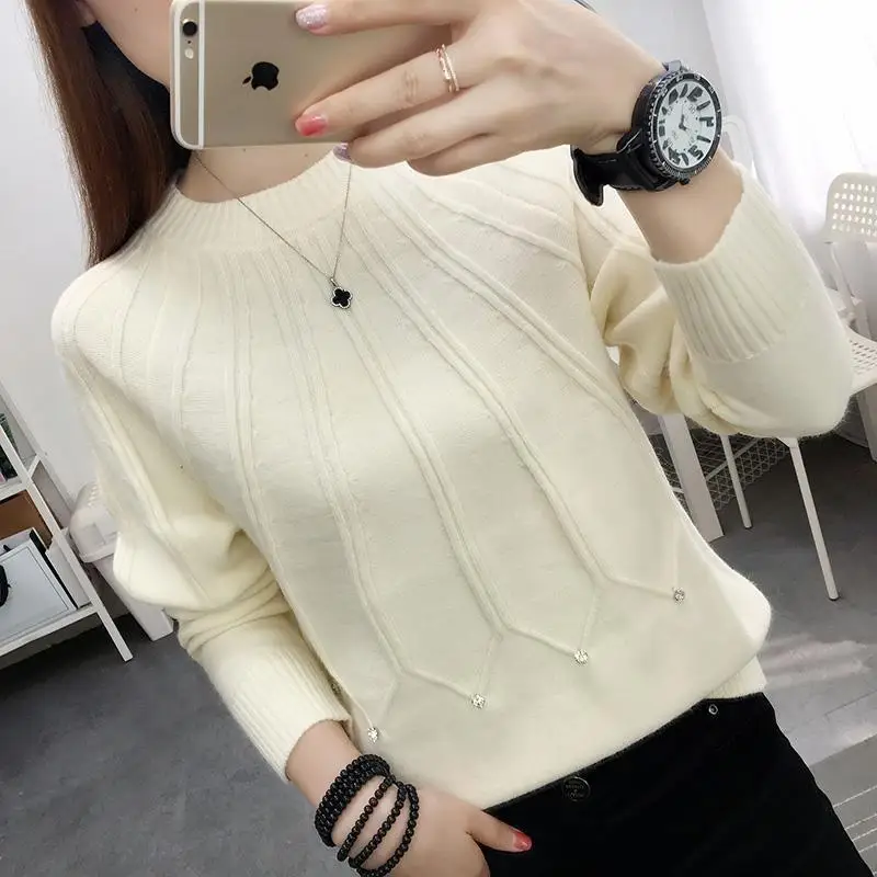 Fashion O-Neck Solid Color Diamonds Sweater Women\'s Clothing 2023 Spring New Loose Casual Pullovers All-match Korean Tops