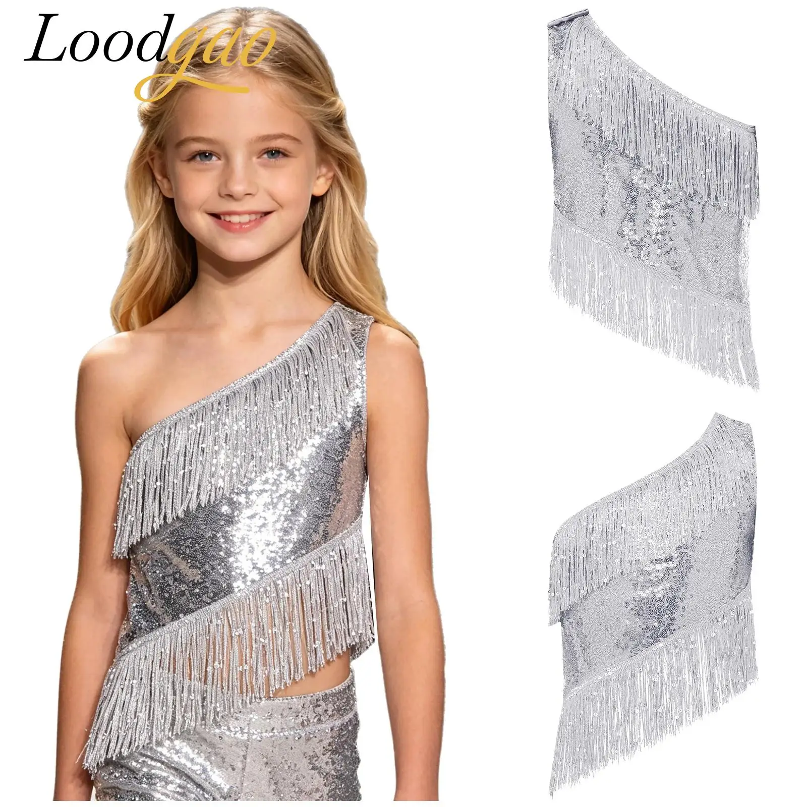 Kids Girls Holiday Festival Costume Cha-cha Salsa Jazz Latin Dance Crop Top Tassel Top Vest Sequined 80s Disco Dance Tank Tops