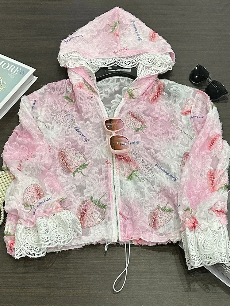 Women Hot Drilling Diamonds Beaded Sunscreen Hoodies Shirts Coat Strawberry Butterfly Lace Spliced Blouses Zipper Cardigan Tops